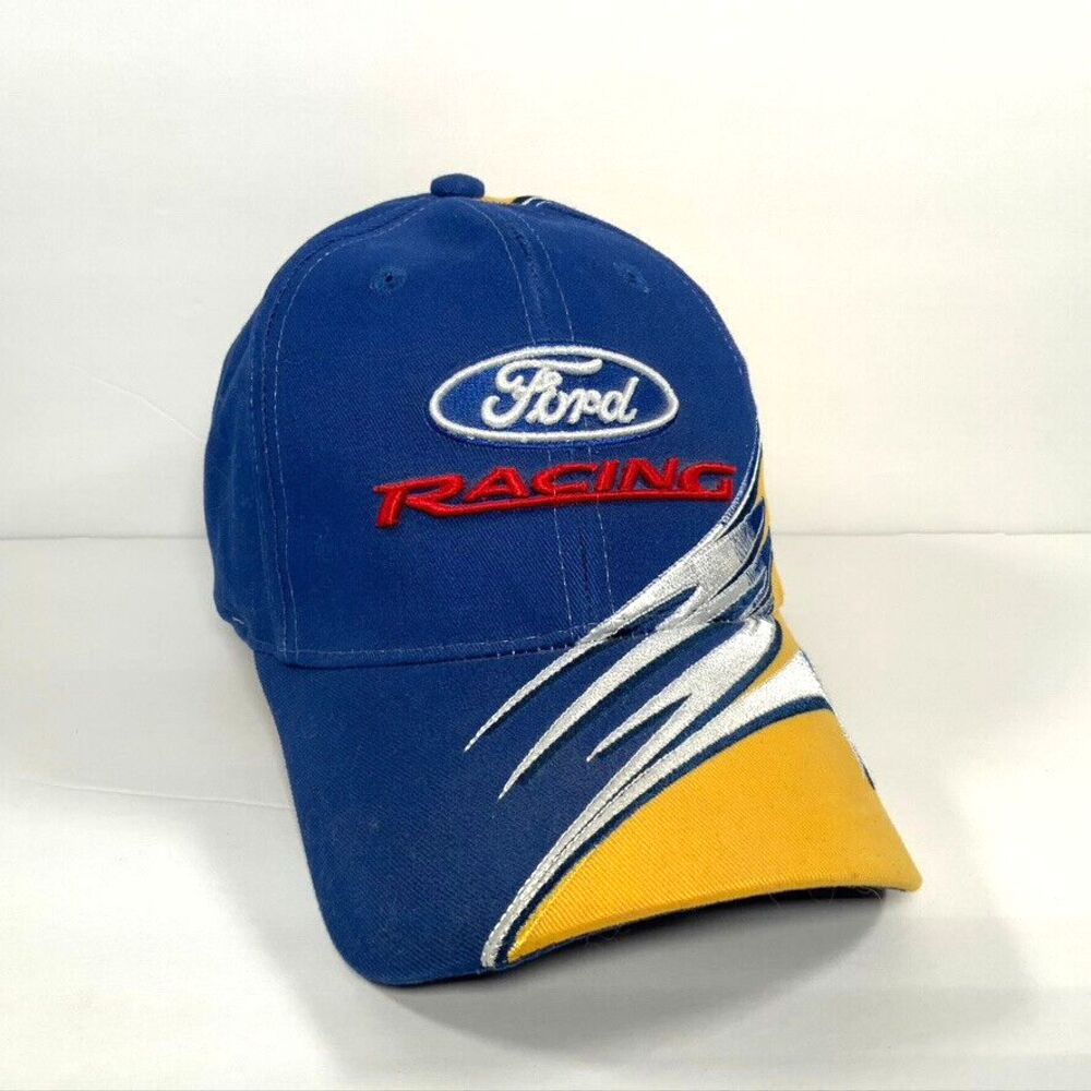 Ford Racing Hat Mens Blue Yellow Strap Back Cap Classics Abstract RARE Vintage